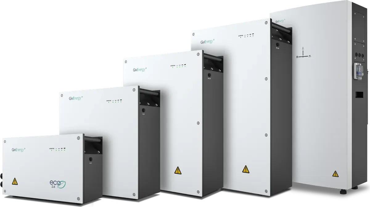 GivEnergy battery range — 2.6, 5.2, 8.2 and 9.5 kWh packs beside an All in One